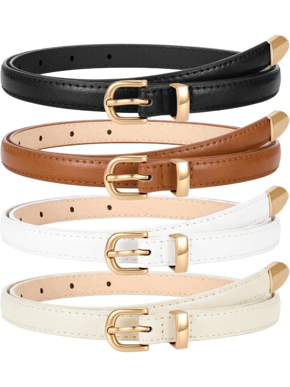 4 Pack Women's Skinny Leather Belts - Thin Waist Belts with Gold & Silver